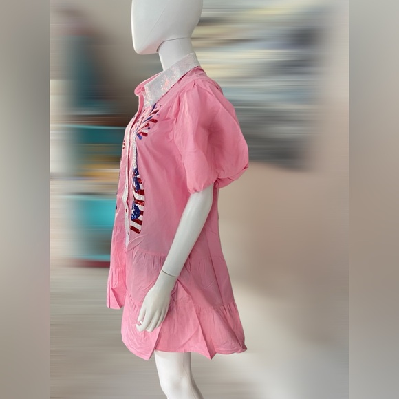 FANTASTIC FAWN pink puff sleeve patriotic dress S M L - Picture 9 of 11